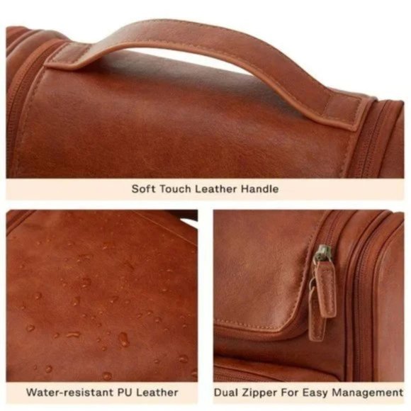 New Toiletry Bag, Travel PU Leather Hanging Hook, Brown - Picture 5 of 8